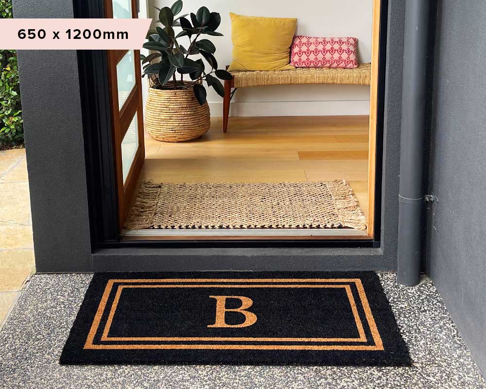 Black Double Border Initial Custom Doormat